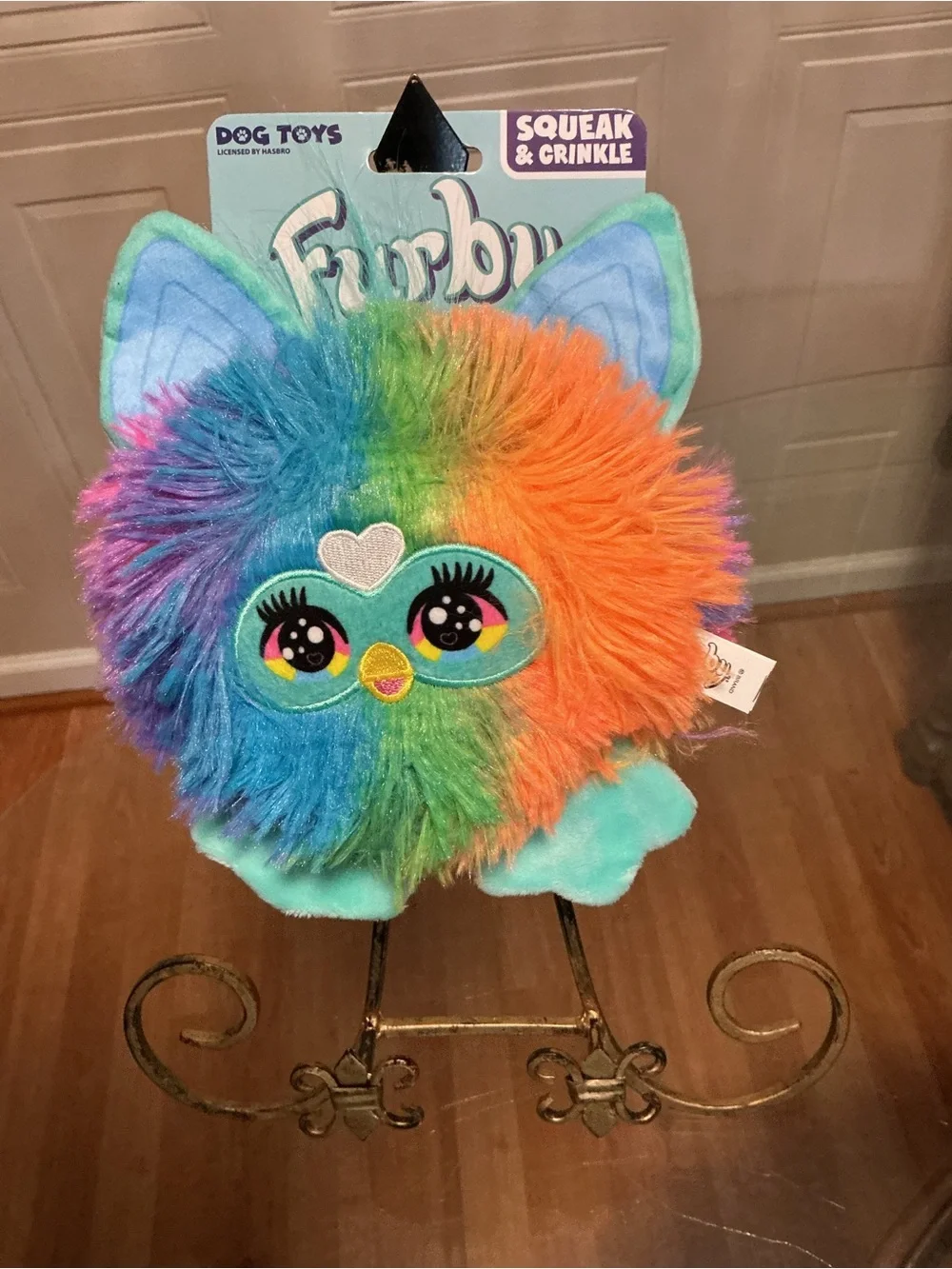 Furby Dog Toy Rainbow Plush Squeak & Crinkle | Colorful Pet Toy | 8”